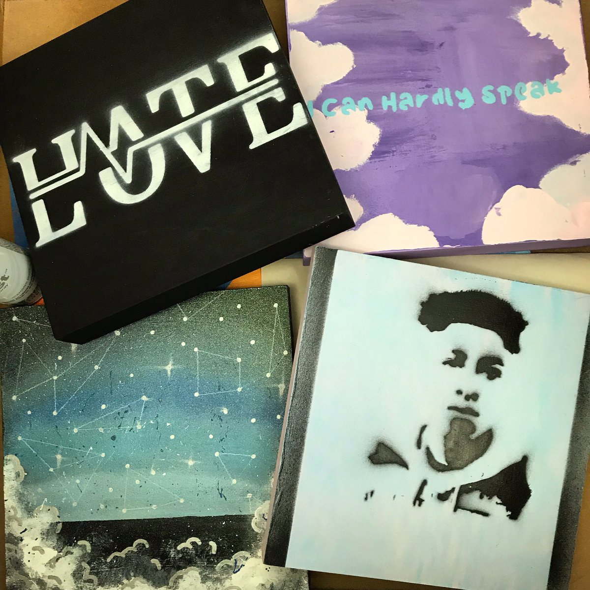 YMS_Art's tweet photo. My rockstars in 4th period art showcased our #OneYMS cornerstone of #responsibility and got to create a stencil and spray paint!! We used a song as our inspiration and painted with acrylic on wooden canvases. We had so much fun today! #middleschoolart #arteducation #arted https://t.co/3Moumm9AN3