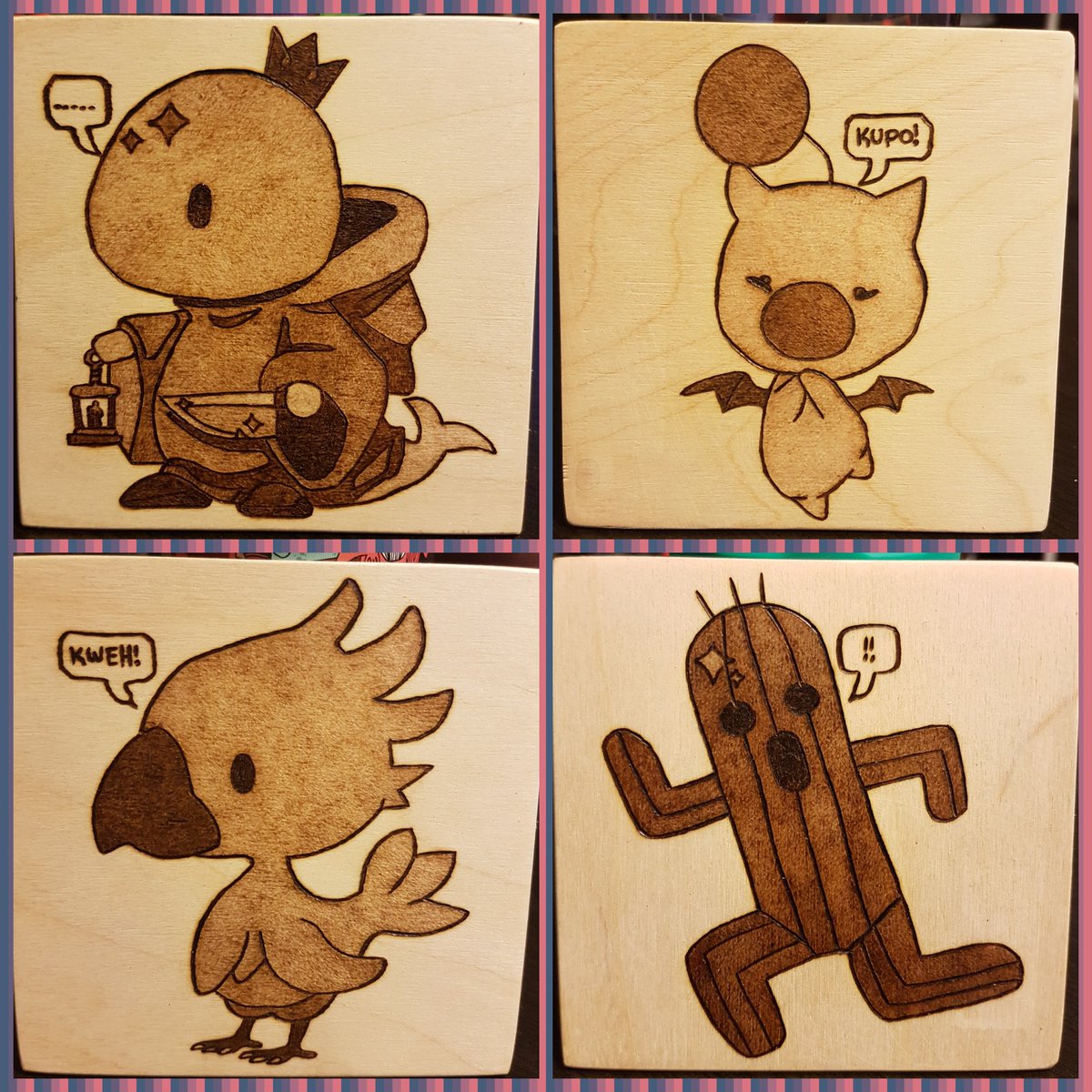 PrairiePyro's tweet photo. #woodburning #cactuar #chocobo #moogle #tonberry #finalfantasy #ff #coaster #coasterset
Info: https://t.co/ARIertXrkQ
#PrairiePyroDesigns #Stepher17 #pyrography #PyrographyArt https://t.co/NjUWnCbQwi