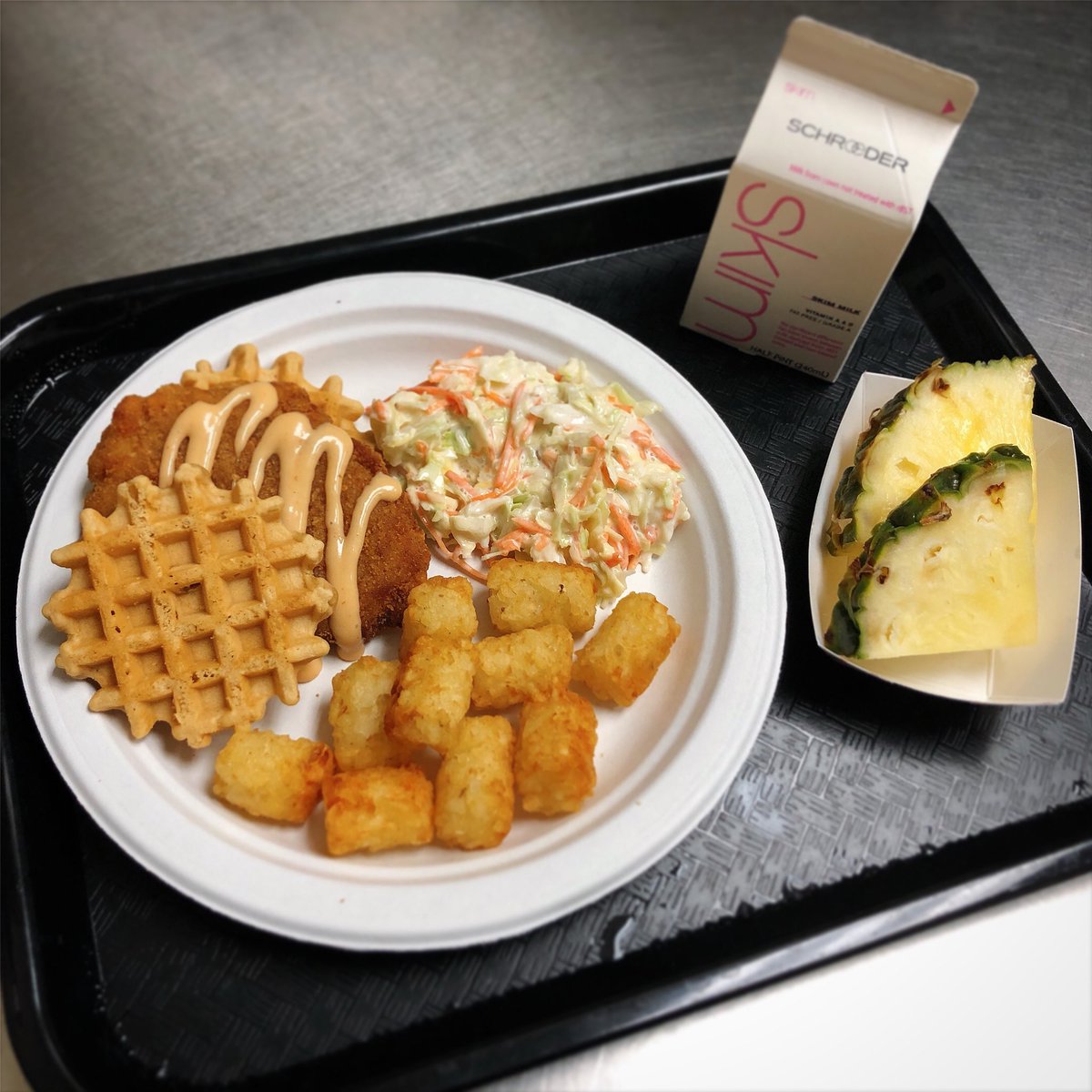 Another new item at our high schools: Chicken &amp; Waffle Sandwich with Spicy Maple Sauce! Whole grain waffles are baked until crisp and served with a baked, seasoned crispy chicken breast.  Served with coleslaw, tots, fresh pineapple, and milk!#schoollunch #112foodies