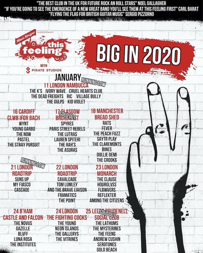 LEEDS tomorrow we play the SOLD OUT <a href="/This_Feeling/">This Feeling</a> ‘Big in 2020’ show 🔥🔥

Doors at 6:30pm on stage 7pm ✨

If you didn’t manage to grab a ticket, catch us supporting <a href="/bigbambora/">⚡️ʙɪɢ ʙᴀᴍʙᴏʀᴀ⚡️</a> in LIVERPOOL next weekend on Feb 1st ⚡️

@PirateStudiosUK <a href="/redstripeuk/">Red Stripe UK</a>