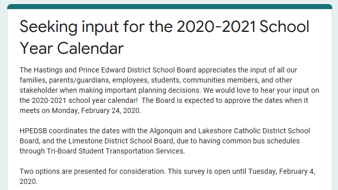 We're looking for input on dates for the 2020-2021 school year calendar by Tuesday, February 4, 2020. Info at hpedsb.on.ca/2020/seeking-i… Online input form at bit.ly/2020_2021Schoo…