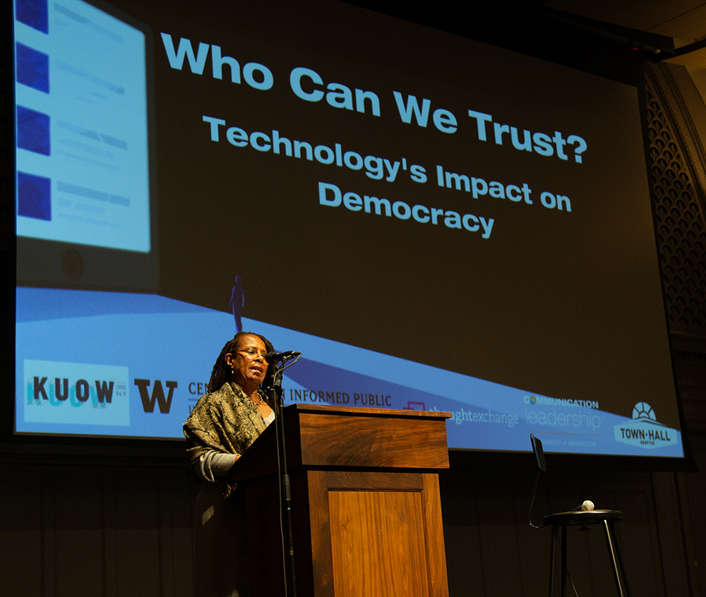 Caryn Mathes of KUOW at the lectern