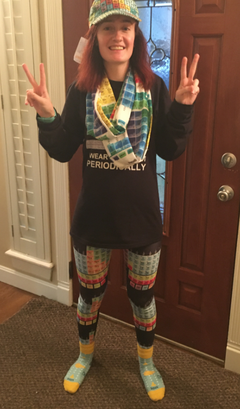 AGU_SciComm's tweet photo. We had fun with #NationalChemistryWeek ! I wore my periodic table attire all week long with my favorite elements pinned in my hair as my own celebration! What are ways you like to #shareyourscience ? #SharingSciFri #outreach #wearscience https://t.co/F4hcj7PUQt
