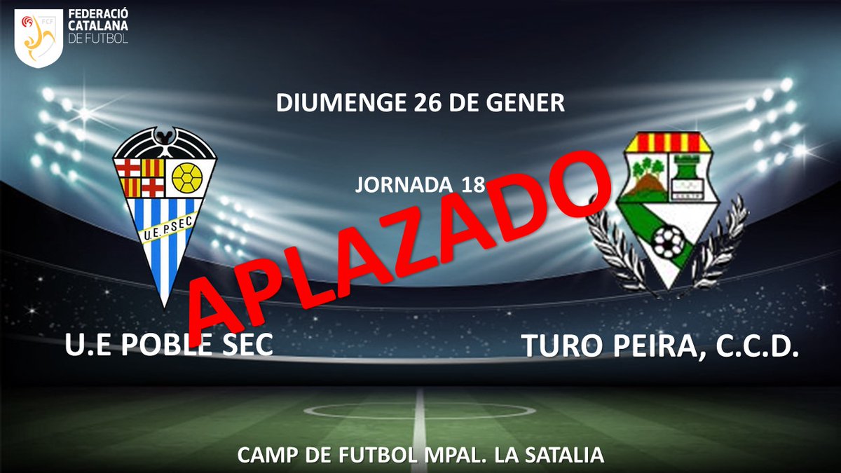 Se aplaza el partido contra <a href="/turopeira/">CCD Turó de la Peira</a> que se iba a jugar el domingo 26 de enero. 
#uepoblesec #3cat10 #FCF