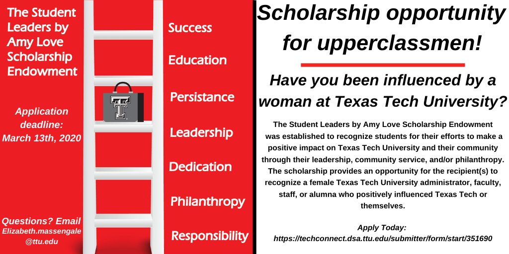 ttu_sds's tweet image. Are you an upperclassmen that has been influenced by a female at TTU? Apply for the Student Leaders by Amy Love Scholarship Endowment! Apply Today: buff.ly/2G9ZIC2 #scholarship #upperclassmen #studentleaders #endowment #ttusds #studentdisabilityservices #leadership #ttu