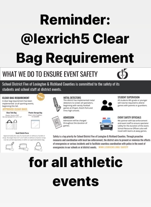 IrmoHigh's tweet photo. Reminder: clear bag requirement at all @LexRich5Schools athletic events! For more info: https://t.co/TmppZkSK7I https://t.co/2dLLV7njFq