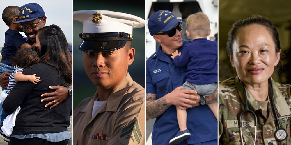 A collage of service members and their families representing different branches of the military
