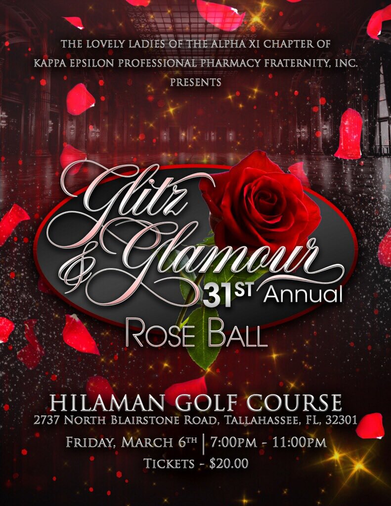 AlphaXi_KE's tweet photo. The Lovely Ladies of Alpha Xi Kappa Epsilon presents the 31st Annual Rose Ball: Glitz and Glamour 🌹✨ on March 6th. Tickets are $20 and will be sold starting Monday, January 27th. Group rates are available. Please see a sister if you are interested! #AlphaXiKE #FAMU https://t.co/9Pp8f2hbXQ