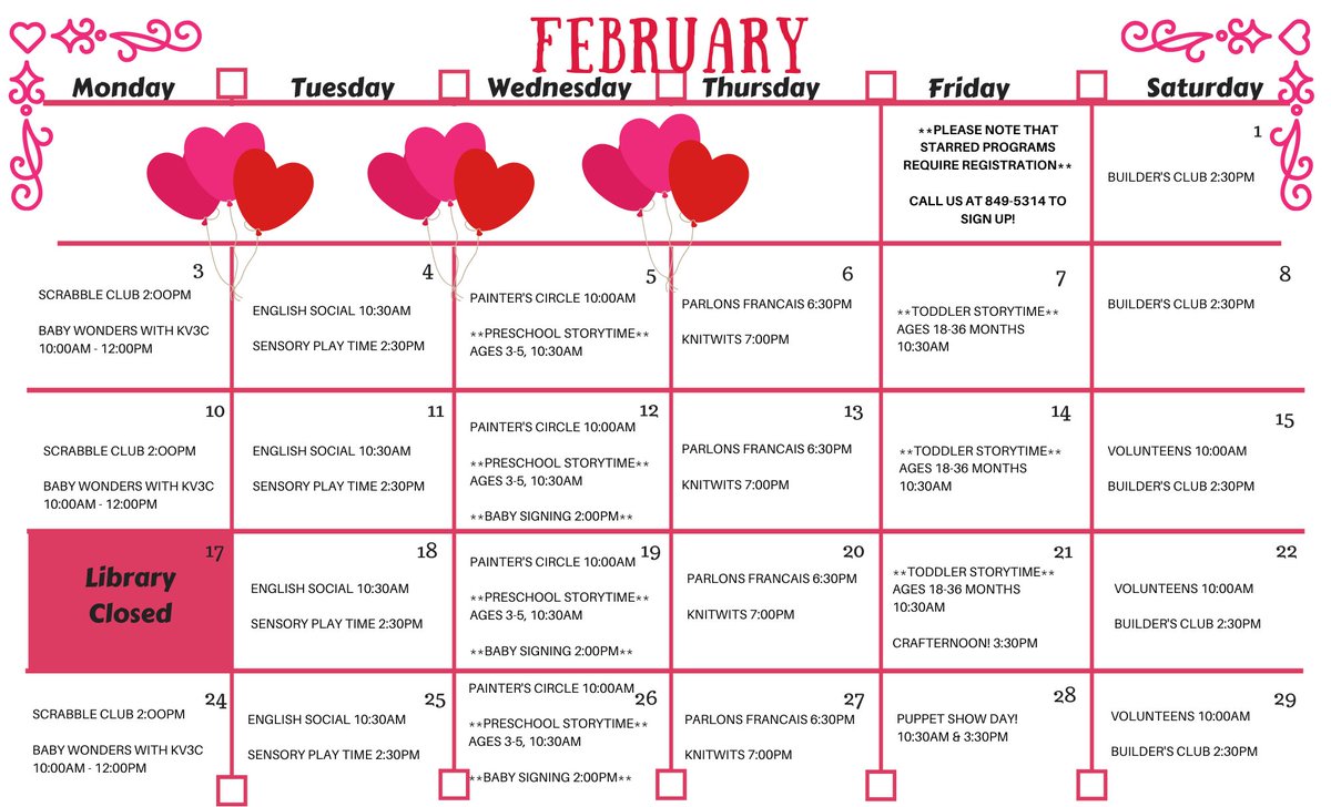 KvLibrary's tweet image. Here are our programs for February! Hope to see you all at some of these really fun programs. #kvlibrary @Rothesay_NB @Quispamsis