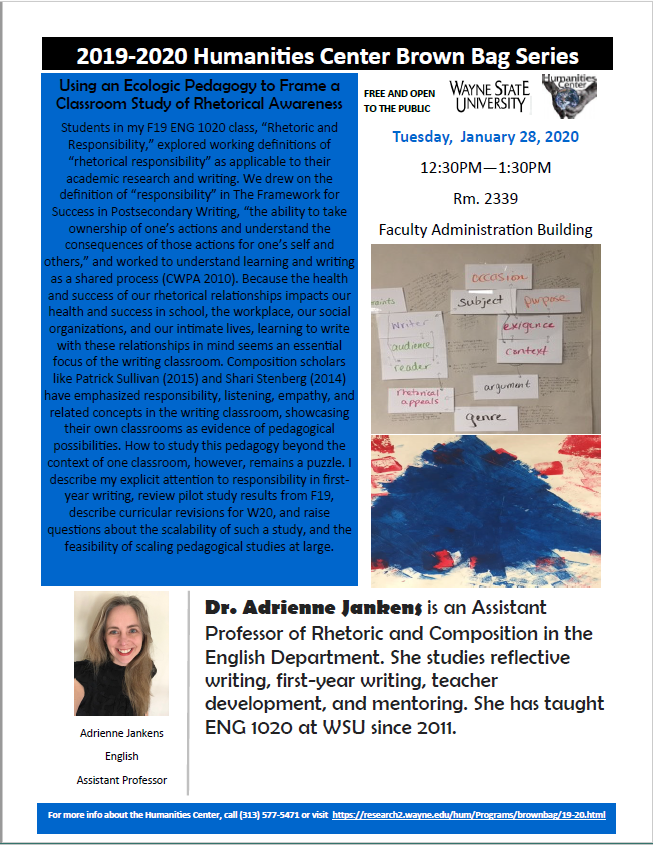 Tuesday, January 28, 2020 Adrienne Jankens will be talking about Rhetorical Awareness!
The event will be held in FAB Rm. 2339 at 12:30pm-1:30pm
Hope to see you all there! #waynestate #rhetorical
