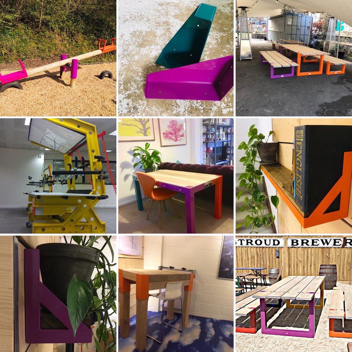 Just some of our stuff. The bright stuff #outdoors #outdoorfurniture #playpark #brackets #thebigsocial #shelves #matrixdesk #outdoorseating #benches #tables #bigbench #seesaw #swings #desinger #creator #madeinbritain #handmade #happyfriday #bespoke
