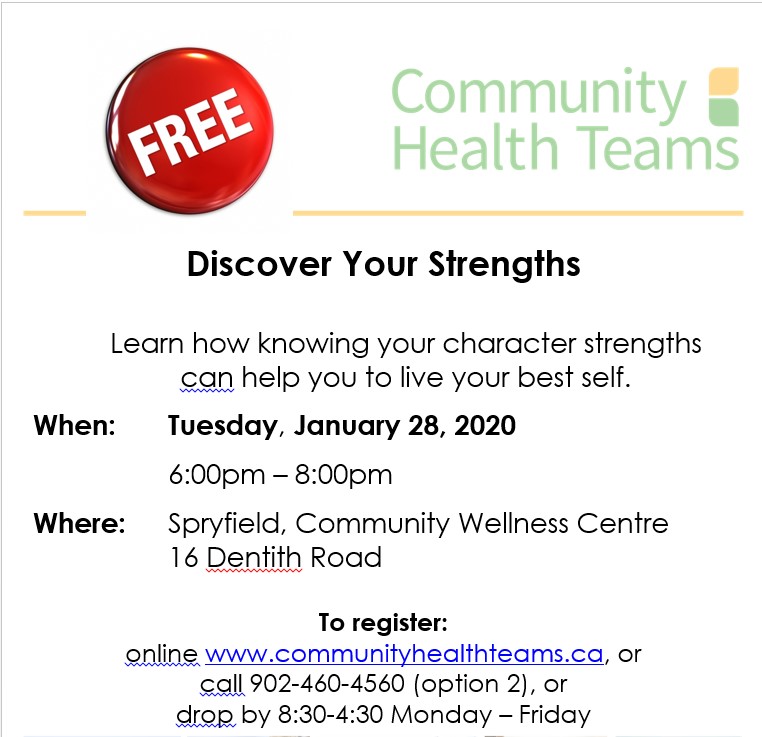 IHeartSpryfield's tweet photo. What are your best strengths and how can they help you?

Find out on Tuesday Jan 28 at the Spryfield Community Wellness Center.

#iheartspryfield #chebuctoconnections #communityhealthteams https://t.co/TaKYADwA3r