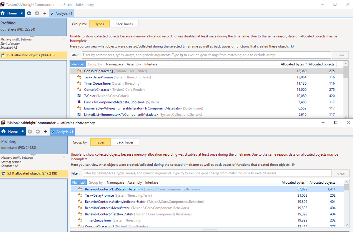 Dos ventanas de dotMemory que muestran el mismo perfil de profiling (version nueva arriba: 1.9K allocs vs versión antigua abajo (5.1K allocs)