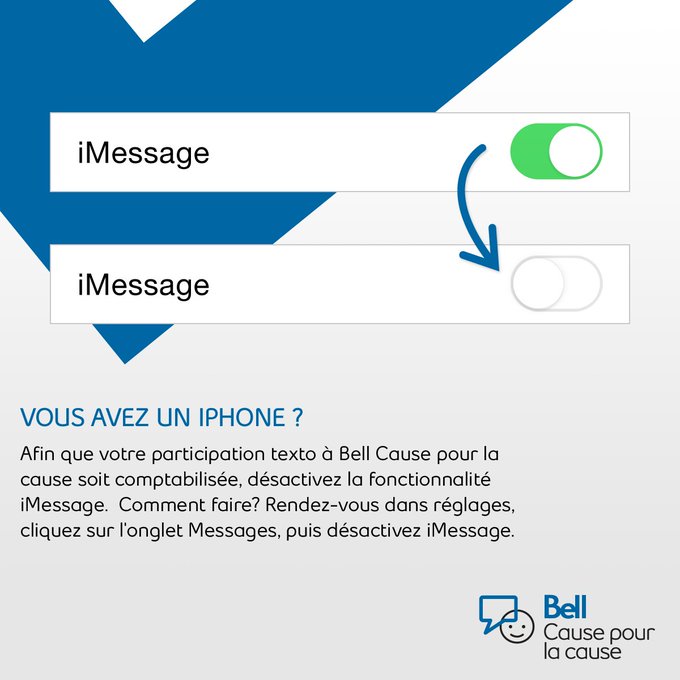 Abonnés Bell mobilité : pour chaque message texte que vous envoyez aujourd'hui, Bell versera 5¢ à des initiatives en santé mentale au Canada. N'oubliez pas de désactiver la fonction iMessage sur vos iPhones pour vous assurer que votre participation compte. #BellCause