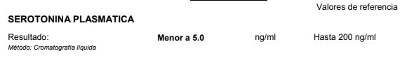 Serotonina plasmática: menor a 5.0 ng/mL.