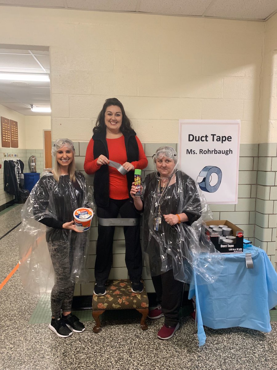 HeatherNLarson's tweet photo. VCE Administrators Before &amp; After our Second Quarter Behavior Incentive. The kids had a blast throwing pies, silly stringing, and duct taping us 😃 @VillaCrestaElem @jenyrohr https://t.co/PGr1juVsWh