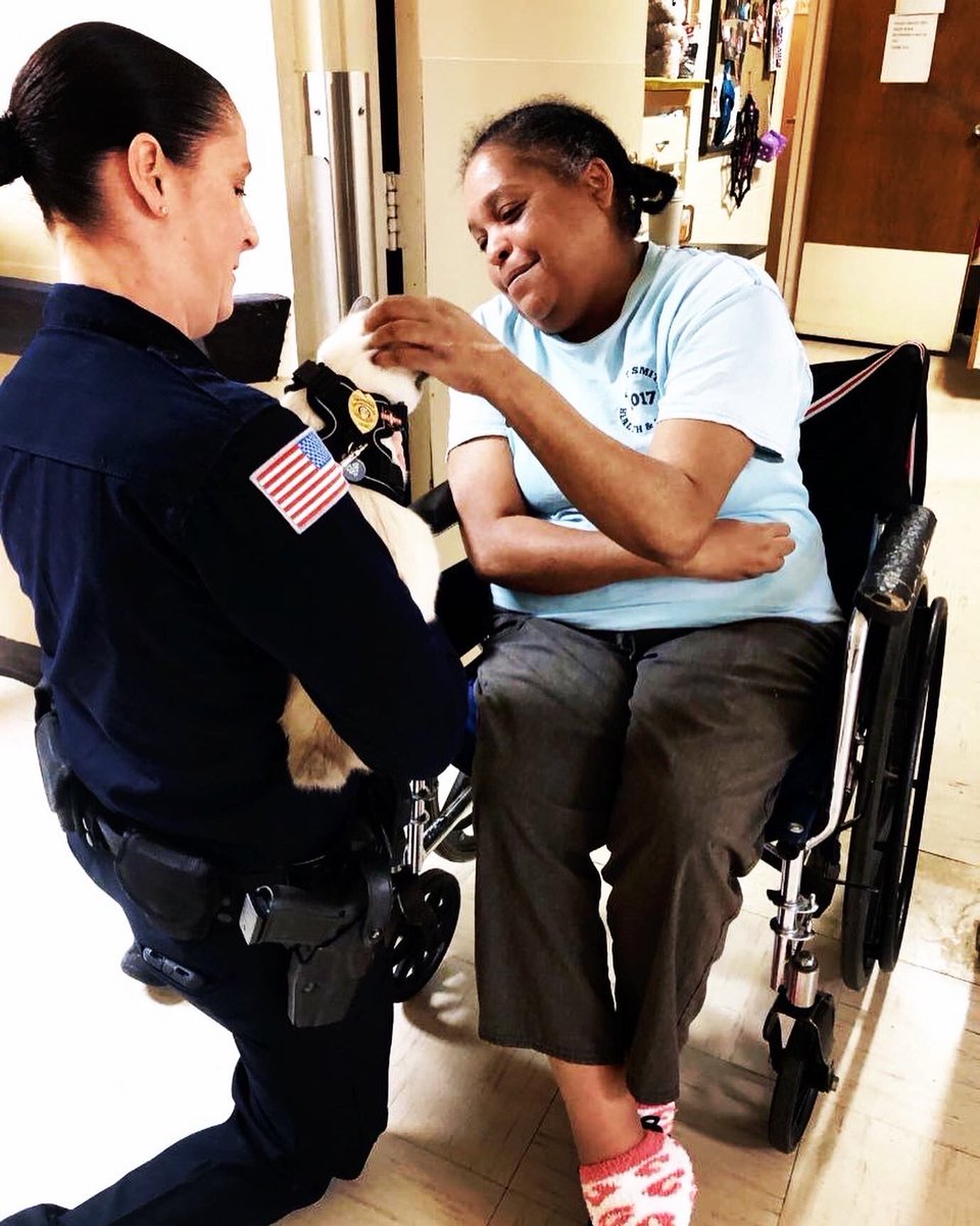 FortSmithPD's tweet photo. Such a great partnership with The Waters of Fort Smith for Friday’s with Fuzz. @pawfficer_fuzz See ya next month! #pawfficer_fuzz #thewatersnursingandrehab #CommunityEngagement #communitypolicing #catcop https://t.co/JkgIU8Wrik