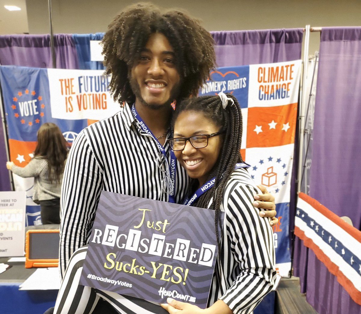 HeadCountOrg's tweet image. Are you registered to vote? Sucks-YES! Find us at @bwaycon all weekend long! We’re at booth 211. Don’t throw away your shot to vote! #BroadwayVotes
