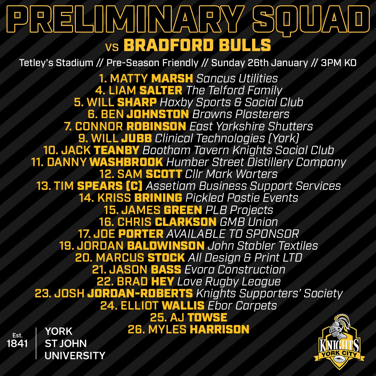 YorkRLFC's tweet photo. SQUAD: Here is James Ford's squad for the Knights' final pre-season friendly against @OfficialBullsRL at the Tetley's Stadium, Dewsbury this Sunday.

New additions AJ Towse &amp; Myles Harrison will wear numbers 25 &amp; 26 respectively! 

#WeAreYork⚔️ https://t.co/vKG06iLBTh
