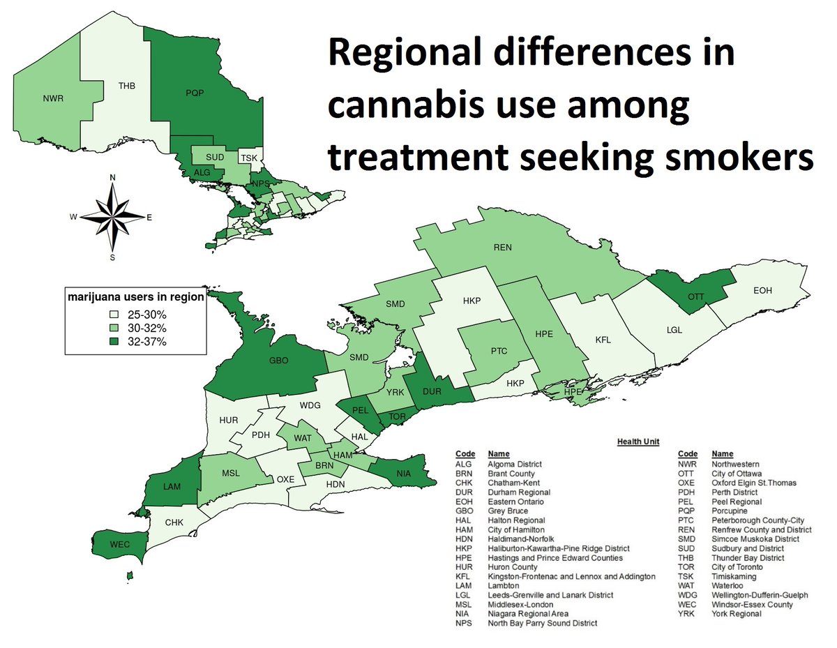 PSQuitSmoking's tweet photo. #Tobacco & #cannabis are often used together. We found that among #smokers in #Ontario looking to quit smoking tobacco through the #STOPprogram, 25-37% reported using cannabis in the past month. Check out the map below to see regional differences in cannabis use #NNSW https://t.co/RsBaBXsjyG