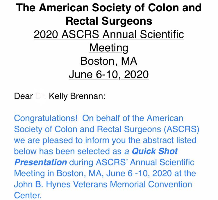 aspiringsurgonc's tweet photo. Really excited to have been accepted to present my research in Boston at #ascrs2020 #colorectalcancer #fascrs https://t.co/DQ9g3o1xIK