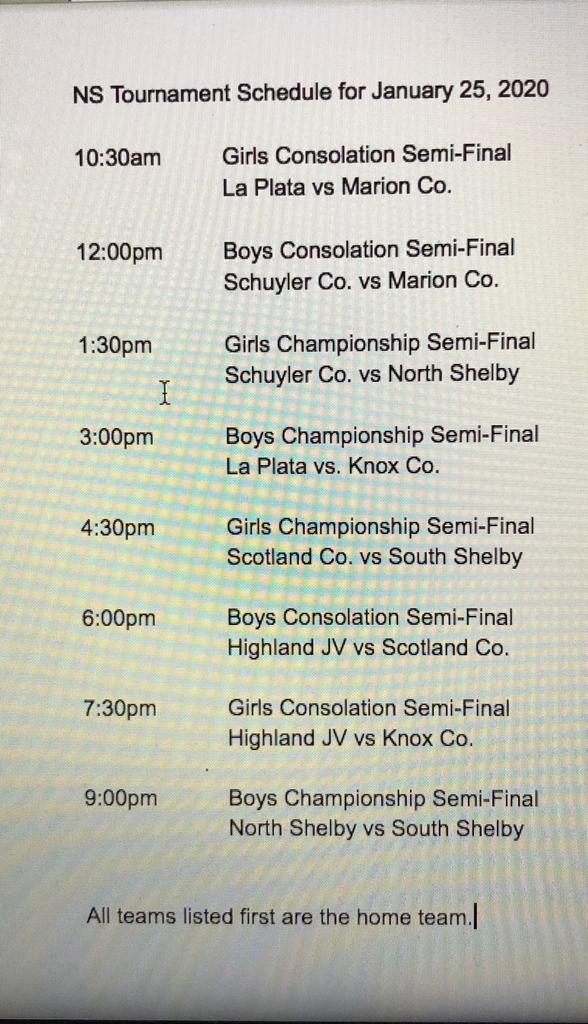 KCR1SCHOOLS's tweet photo. Games times for tomorrow. All games are at North Shelby high school. https://t.co/LXOCHpgAlt