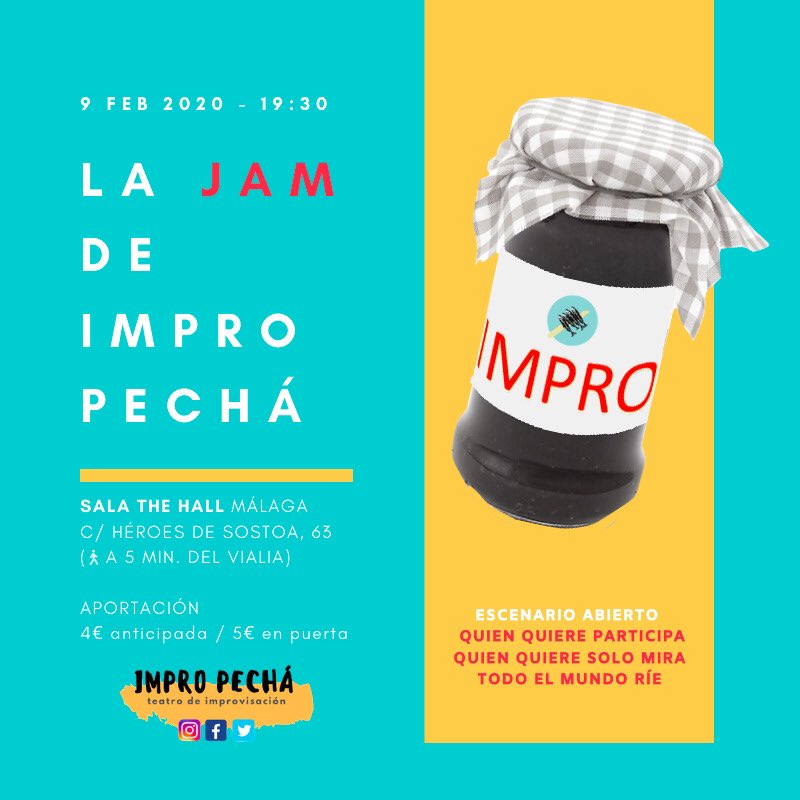 📣¡YA LLEGÓ!
La 1ªJamSession de Impro en Málaga.Formato abierto donde el público puede jugar con nosotrxs.
Quien solo quiera mirar también es bienvenida.
9 feb2020.
19:30 h.Aportación 4€ anticipada o 5€ en puerta. 
Para anticipadas un mail a impropecha@gmail.com.
🐟🐟🐟🐟