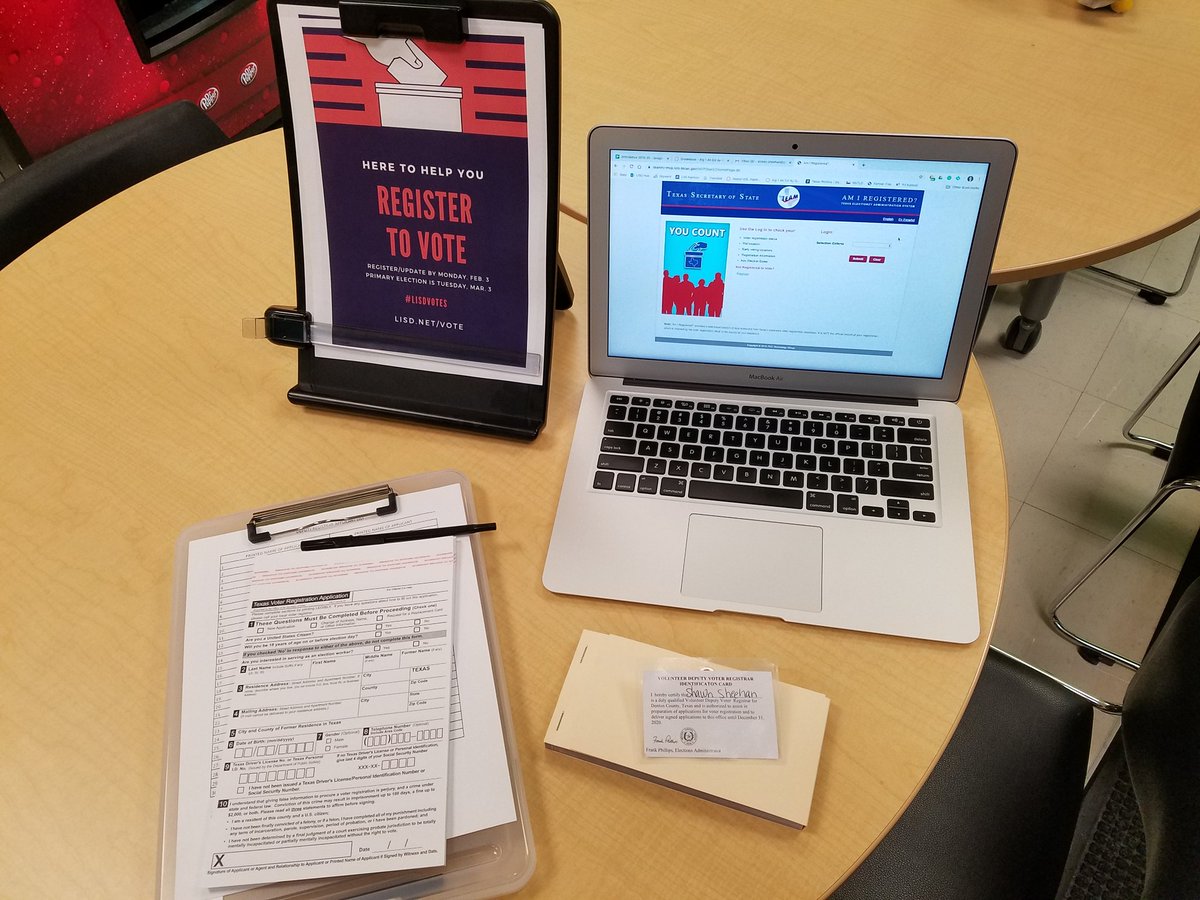 SPSheehan's tweet photo. Happy Friday! If you're one of the #AmazingLLC staff @LewisvilleLC, stop by and see me in the teacher's lounge this afternoon to check/update your voter registration! #LISDvotes https://t.co/VNjUHqwL4n
