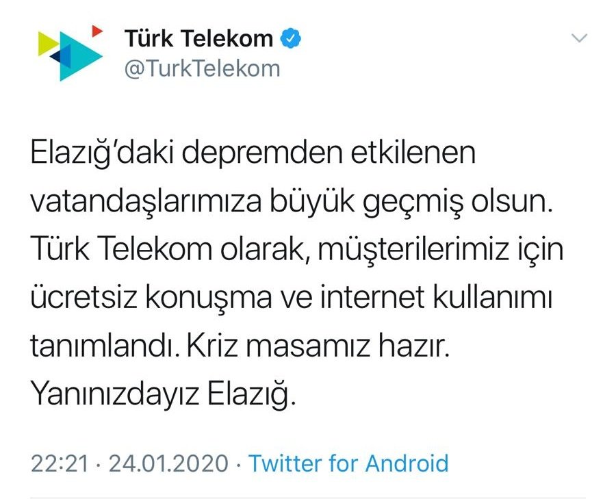 ofatihsayan's tweet photo. Elazığ'ın Sivrice ilçesi yakınlarında meydana gelen ve çevre illerimizde de hissedilen depremden etkilenen vatandaşlarımıza geçmiş olsun. 

Genel olarak iletişimi etkileyen olumsuzluk yok, ihtiyaten takviye amaçlı mobil baz istasyonlarımız  bölgemize sevk edilmiştir.

#Deprem https://t.co/jbq8cnhJR1