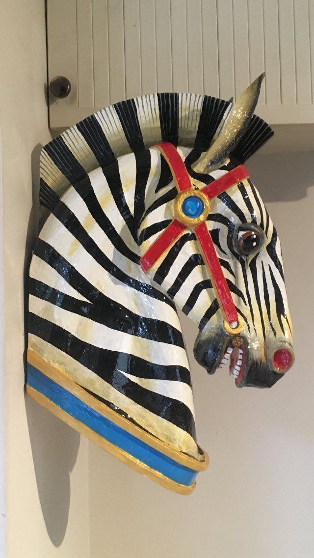 The first of our zebra heads has sold! Here’s the other now in our Etsy shop.
#Richardsbespokeart #etsyseller #etsyshop #zebra #zebrahead #zebraart #wallsculpture #fairgroundart #fairgroundart #carousel #carnivalart #papiermache #papermache #carouselanimals #papermachesculpture
