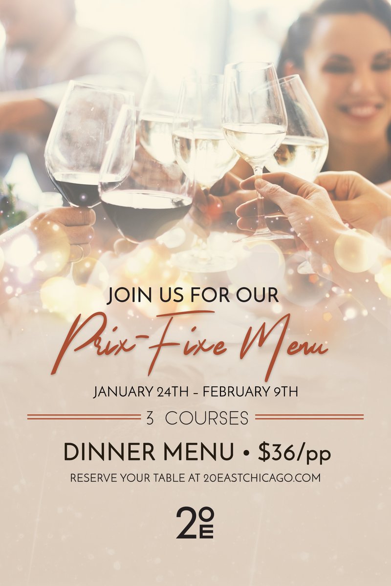 Restaurant Week is HERE! Join us tonight until February 9th for our Three-Course Prix-Fixe Menu! 🥗🥩🍷 To check out our full menu and to book your reservation: 20eastchicago.com/happenings