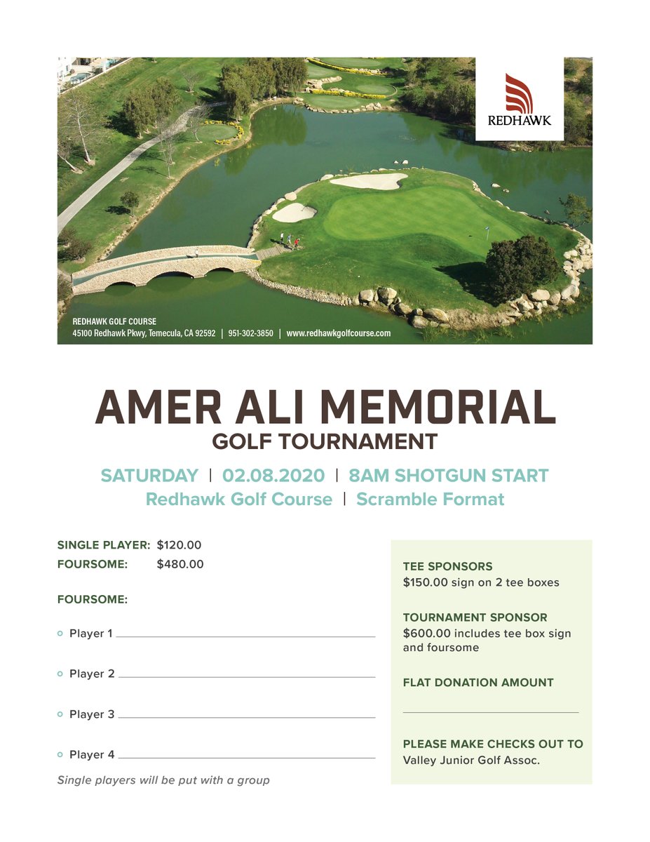 Redhawk_GC's tweet image. Amer Ali Memorial Golf Tournament

Please email Jeff Sampson with your support at jeff@redhawkgolfcourse.com!

Thank you, Jeff Sampson and The Ali Family