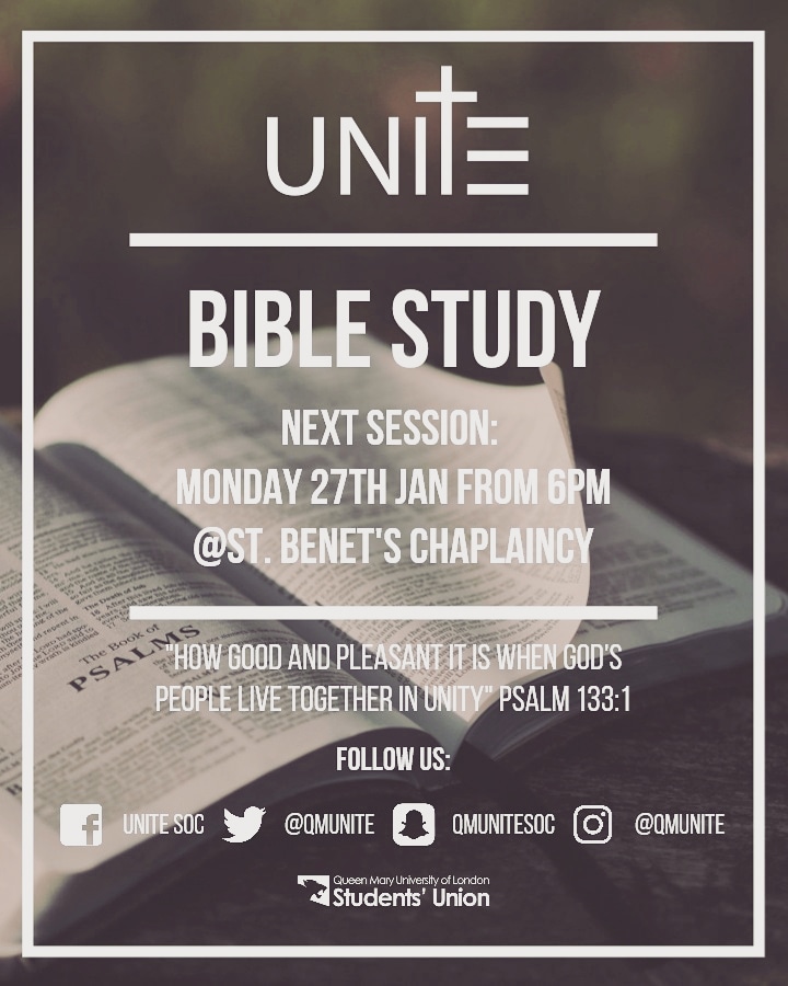 QMUnite's tweet photo. Hi everyone, hope you're having a good week! Unite is a Christian society which runs a weekly Bible Study to allow people to discuss + grow in knowledge of God's word and make friends through fellowship. Our first Bible Study this semester is coming up this Monday! See you soon! https://t.co/AxGHfHNoHf