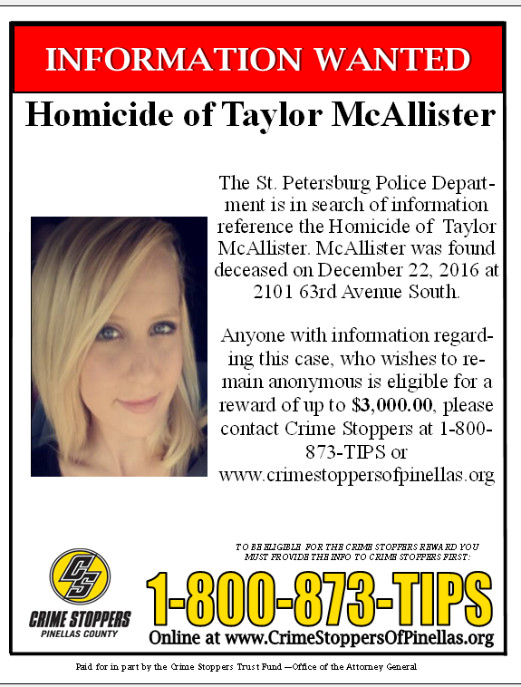 Flyer showing blonde woman's face. Words say Crime Stoppers, 1-800-873-tips. You can remain anonymous and may receive up to a $3000 reward.