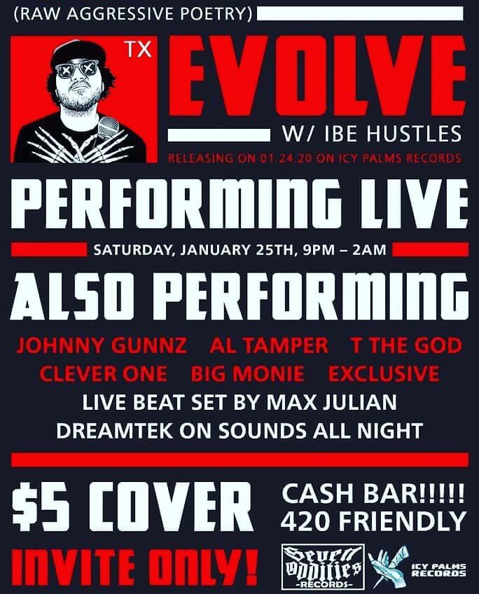 MCCleverOne's tweet photo. TOMORROW! Kick it with @7oddz &amp; @PalmsIcy for Evolve’s “Raw Aggressive Poetry” release party! I’ll be rockin’ along with Johnny Gunnz, Big Monie, T The God, Exclusive &amp; @AlTamper! Beat sets by Max Julian &amp; Berto Vasquez! @TekTheTerrible on the 1’s and 2’s! Hit the DM for address! https://t.co/yQeS25w9Ce