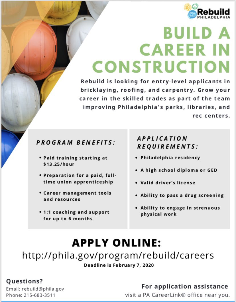 marksquilla's tweet photo. Rebuild is looking for entry-level applicants in bricklaying, roofing, and carpentry. Grow your career in the skilled trades as part of the team improving Philadelphia’s parks, libraries, and rec centers. APPLY ONLINE:
https://t.co/tXYCwxieV4 https://t.co/bMO7lOVbHf