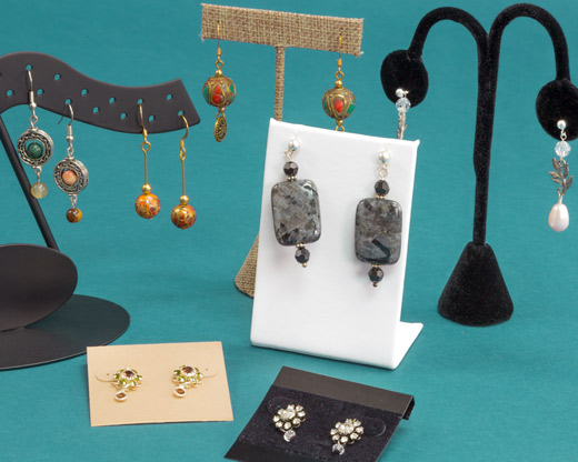 You'll find beautiful Velvet and Leatherette Earring Stands in this section, including Earring Trees, Earring Ramps, Earring T- Bars, Earring Displays, and more! #tbar #earringdisplays #earringtree #jewelrydisplays