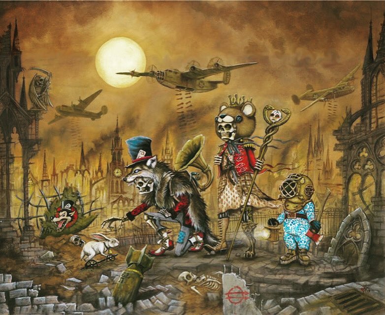 Throwback to one of my faves from last year... “The summertime scavengers”  oil on birch panel, still currently resides at @archenemyarts in Philadelphia... #doomfolkart #darkartsociety #oilpainting #lowbrow #popsurrelism #spookyart #postapocalyptic #apocalypse #skeleton