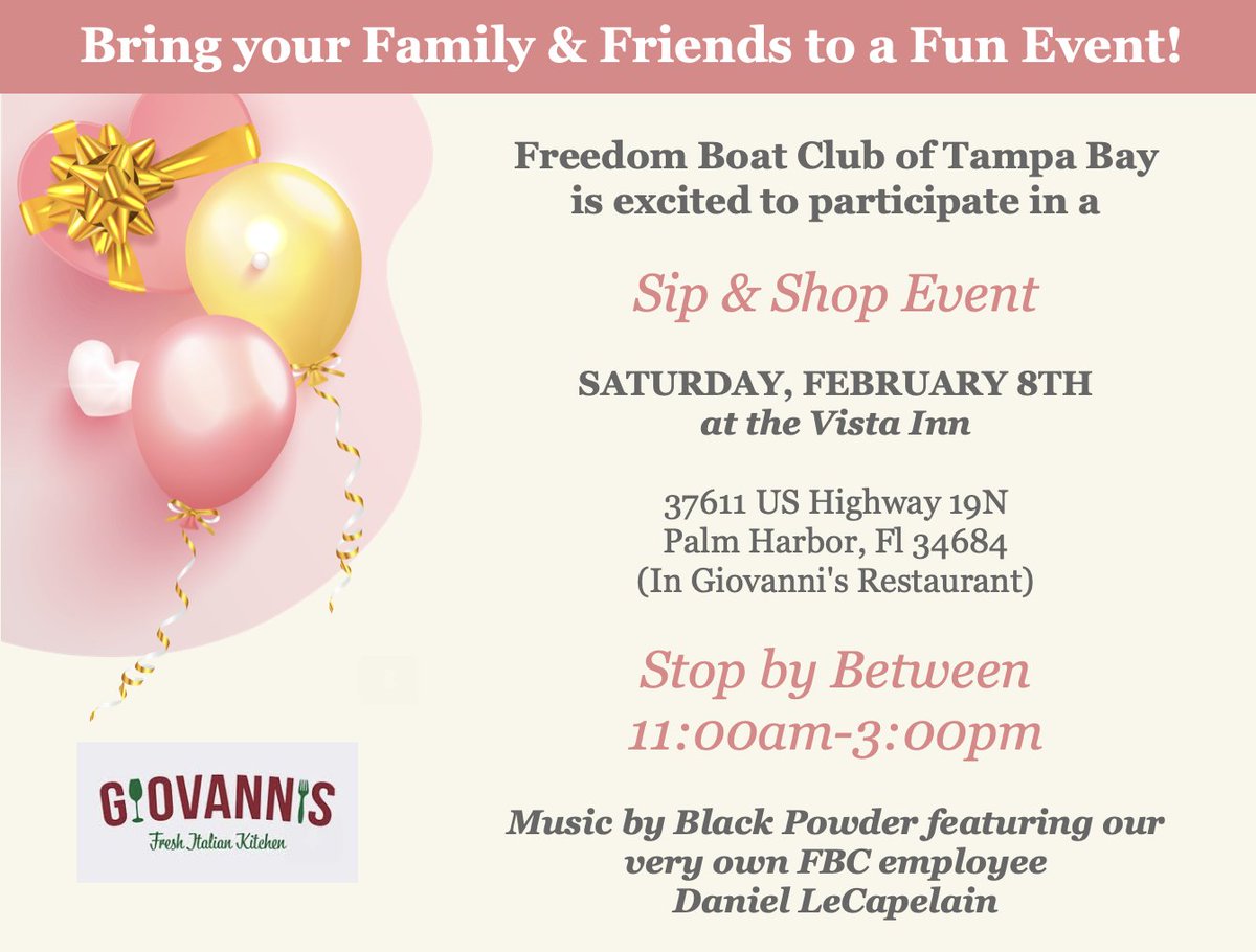 freedomboats's tweet photo. Come shop for your loved one February 8th at our Sip &amp; Shop event at Giovannis in Palm Harbor! Take a look at our vendors list below and RSVP by clicking this link.
https://t.co/UKMBxCJDNf https://t.co/SXrZKkEbWr