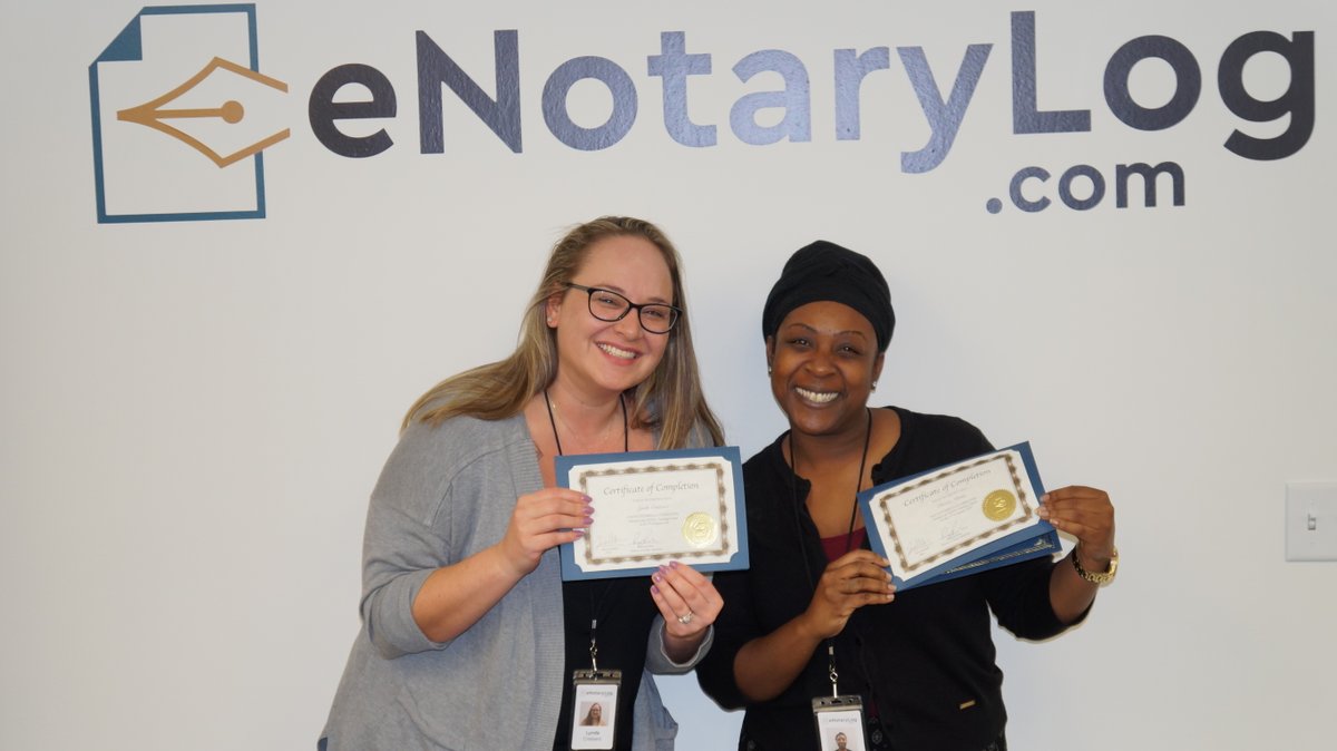 eNotarylog's tweet photo. Congratulations to Lynda and Clarissa for completing eNotaryLog’s Remote Online Notarization training course! They form a part of our amazing team of notaries and we are proud to have them.

#RON #eSignature #eNotaryLog #Professional #Friendly #Knowledgeable #NotaryTeam https://t.co/bRdoa8yVgn