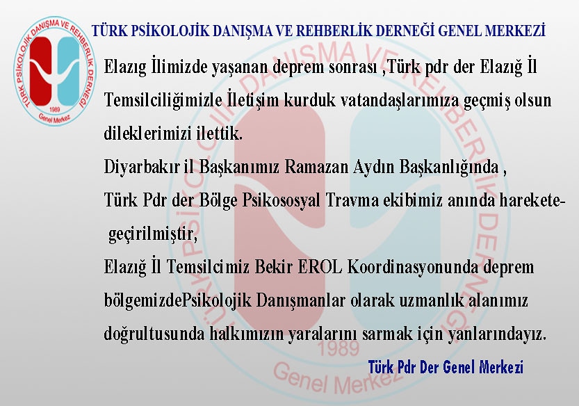 #Elazığ
Türk PDR Derneği Elazığ İl Temsilcimizle iletişim kurduk.
Diyarbakır Şube başkanımız Ramazan Aydın  başkanlığında Türk Pdr Der psikososyal travma ekibimiz harekete geçmiş, Elazığ Temsilcimiz Bekir Erol koordinasyonunda deprem bölgesinde halkımızın yanındayız.
#TürkPDRDer