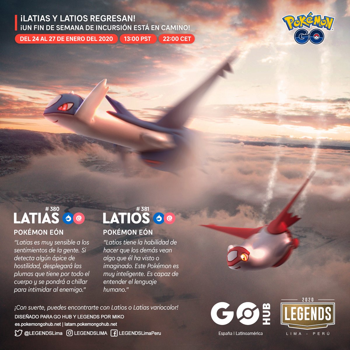 Latios y #Latias, los Pokémon Eón estarán aquí pronto! Recuerda que estarán  disponibles del 24 al 27 de enero a partir de la 1p.m PST (4p.m. Perú), si  aún no tienes su, image size:1200x1200