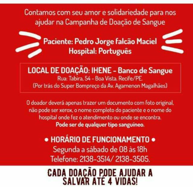 felipeniceas's tweet image. Vamos ajudar o paciente Pedro Jorge Falcão Maciel. 🙏 

#doesanguedoevida💉❤ #acorrentedobem #soudoador #recife #pernambuco