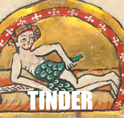 A naked reclining man covering his waist with leaves with text saying Tinder 