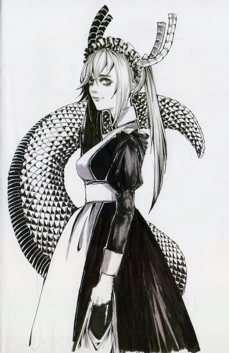 tohru (maidragon) 1girl tail solo monochrome horns maid headdress maid  illustration images
