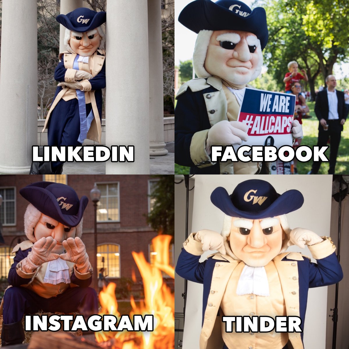 Photo split into four quadrants. First quadrant says LinkedIn with George mascot standing with arms crossed in tempietto. Second quadrant says Facebook with George holding sign. Third quadrant says Instagram with George warming hands by fire. Fourth quadrant says Tinder with George flexing his muscles.