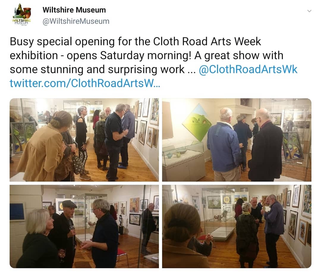 This evening's private view looking great of the Cloth Road Arts members exhibition at @wiltshiremuseum. Shared from the museums twitter page. Head over and follow them! 
Exhibition opens to the public tomorrow morning till the 14th March. #clothroadartists #wiltshiremuseum