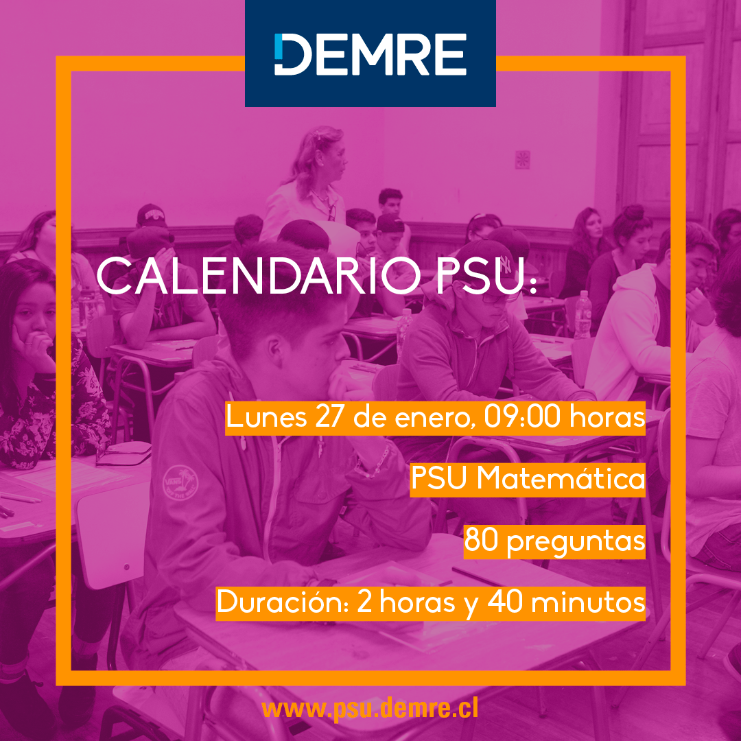 El lunes 27 de enero, a la 9:00 horas, será el turno de la Prueba de Matemática.👈
Se solicita a los postulantes habilitados acercarse a su local de rendición con al menos 45 minutos de anticipación.✔️#RendiciónPSU #Admisión2020