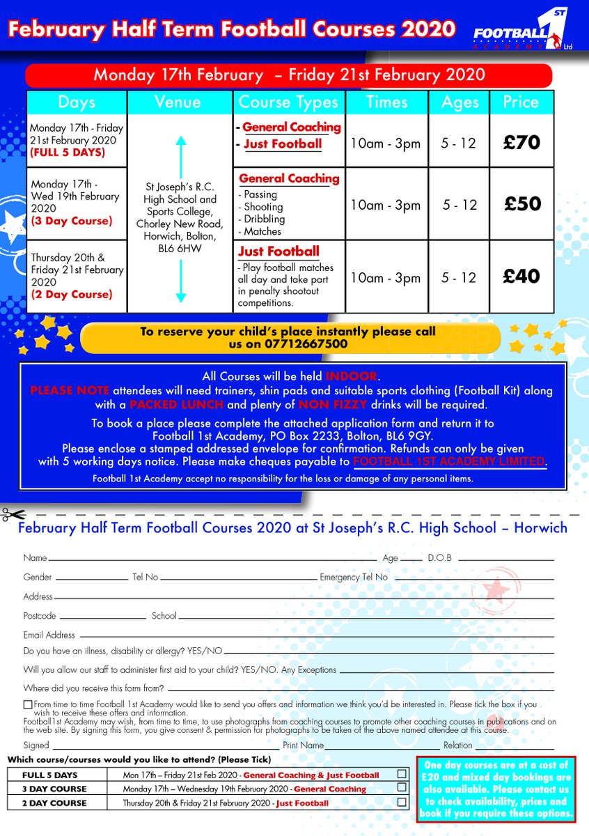 BREAKING NEWS ..... FEBRUARY HALF TERM 2020 FOOTBALL COURSES - Information now here! To book your child's place instantly please call us on 07712667500. #Bolton #Horwich #Football #Sport #makingadifference #halfterm