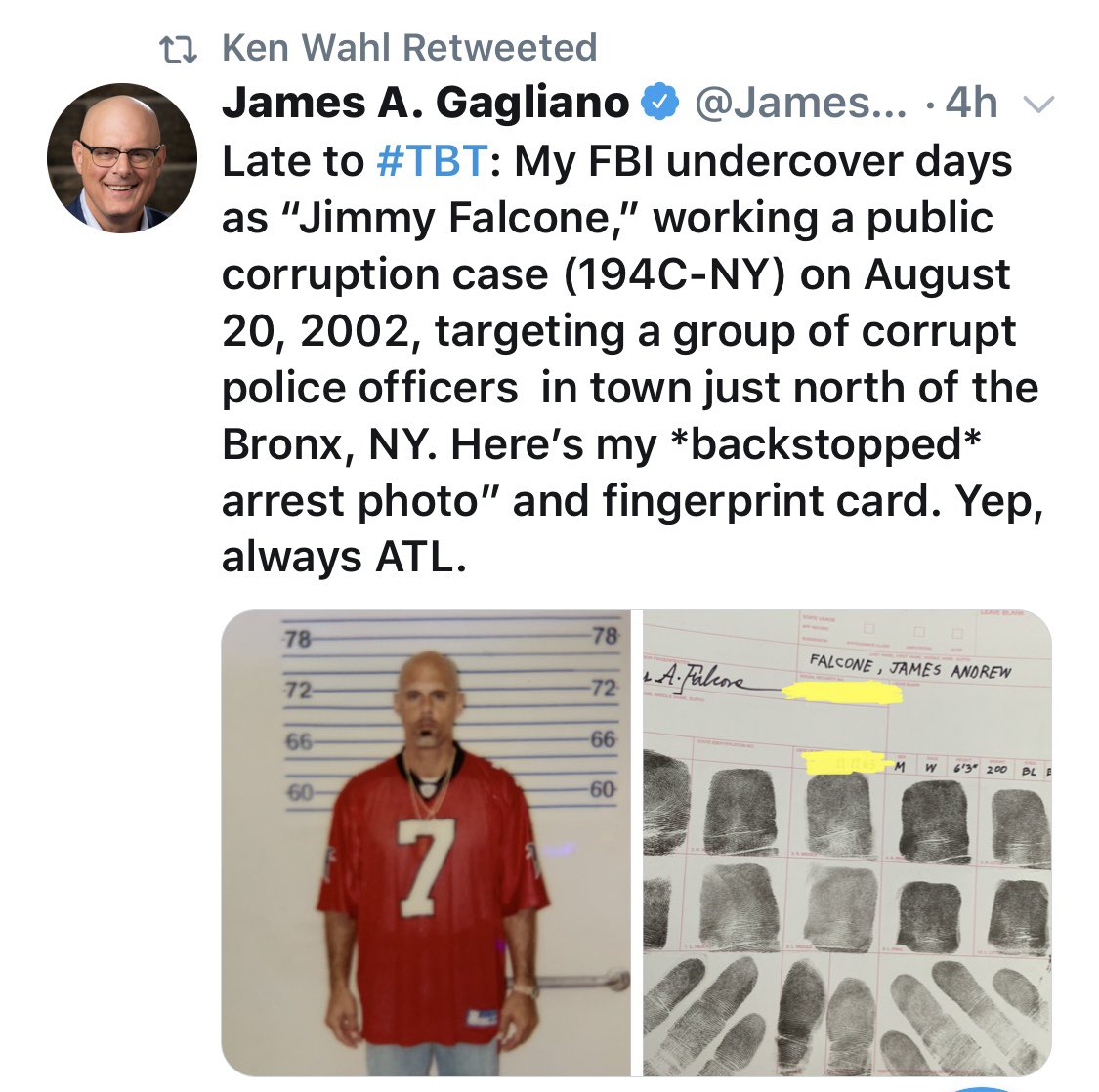 JamesAGagliano's tweet photo. When your FBI undercover #throwback is retweeted by ⁦@KenWahl1⁩, whose portrayal of FBI undercover agent, “Vinnie Terranova,” on late ‘80’s CBS series “Wiseguy” provided inspiration to join Bureau. He &amp; wife Shane, ⁦@Barbi_Twins⁩, do so much for Vets &amp; animal causes. https://t.co/DJ4LkNulun